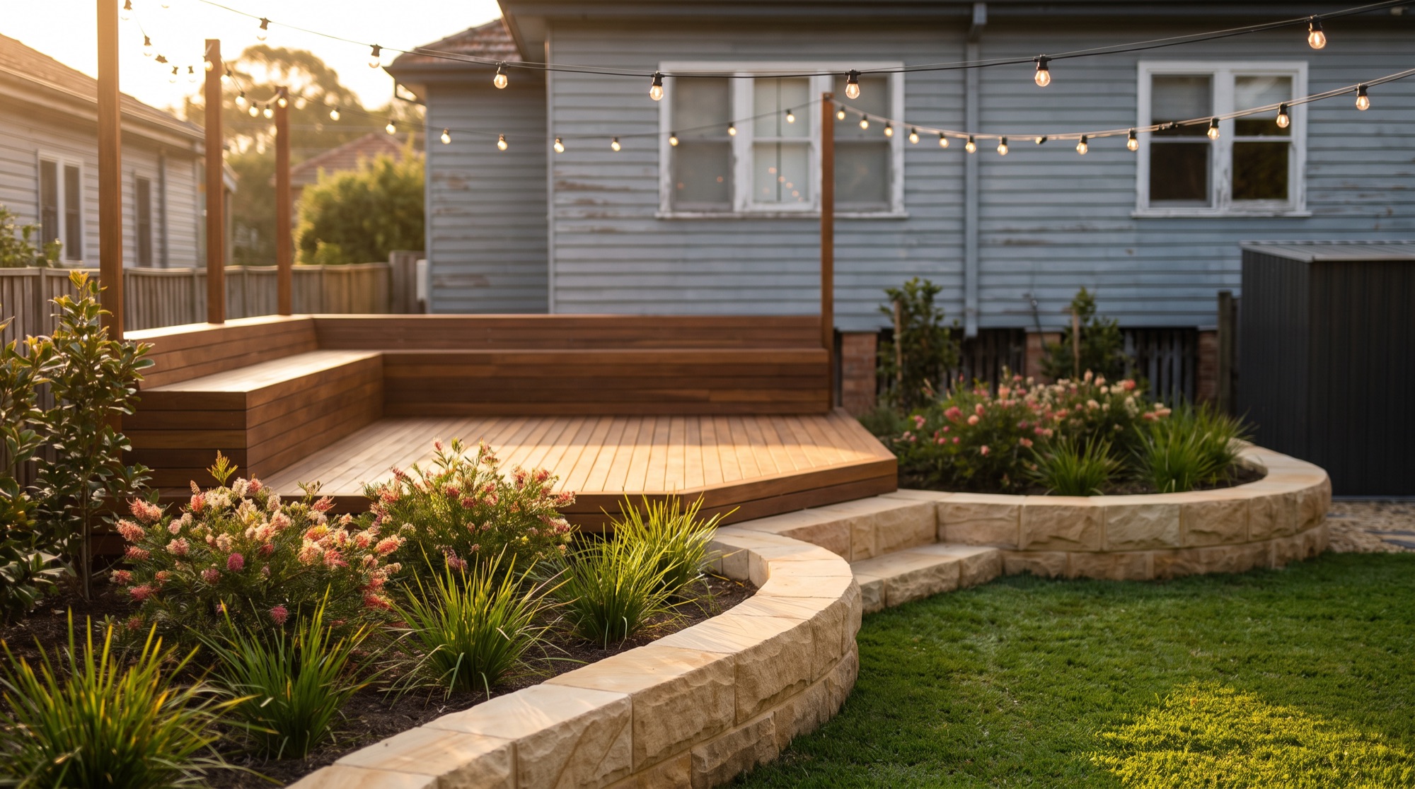 A finished backyard with a new timber deck, sandstone garden beds and fresh turf