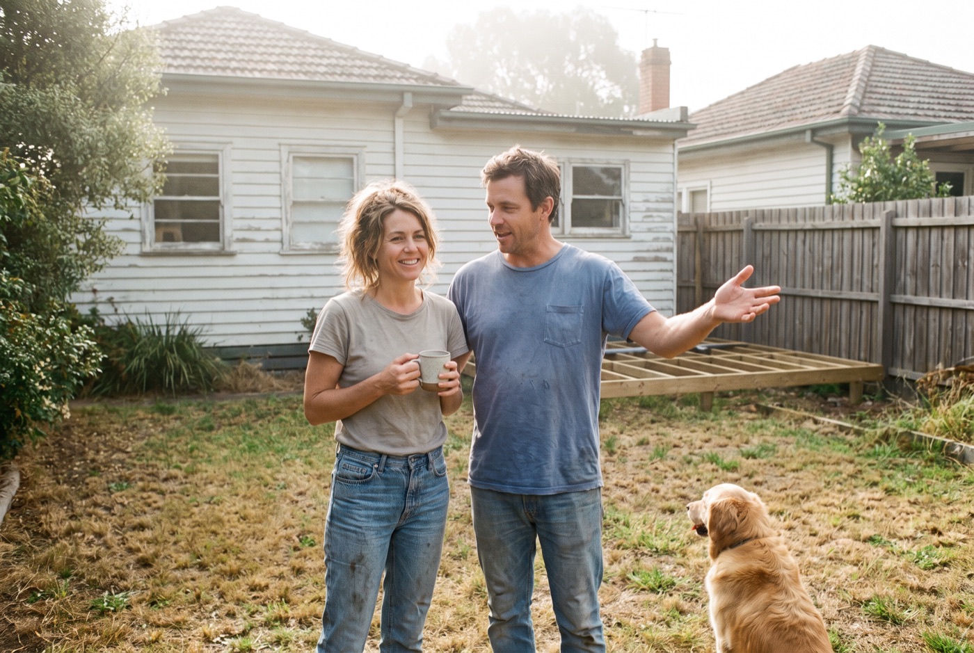 A couple in their backyard planning where a new deck will go
