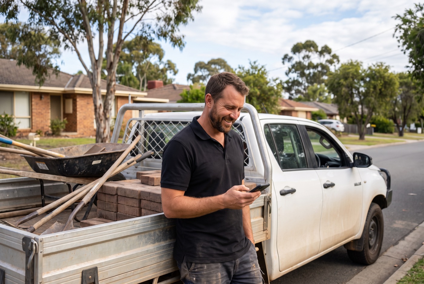 A landscaper beside his ute checking a new job on his phone